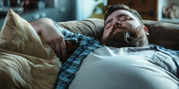 Fat lazy adult Man Relaxing on Couch at Home. An unshaven, overweight man with a big potbelly is lying on the couch, infantilized.