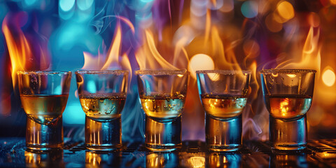 Flaming Fire Tequila Shots close-up. Fiery alcoholic tequila glass shot on a table.   - obrazy, fototapety, plakaty