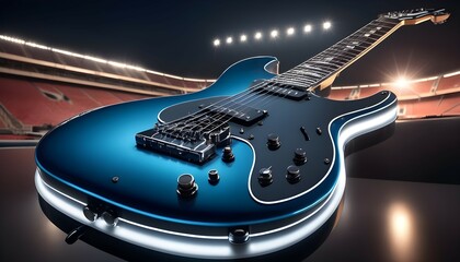 A stunning, photorealistic 32K HDR scene showcases a sleek electric guitar illuminated by cinematic...