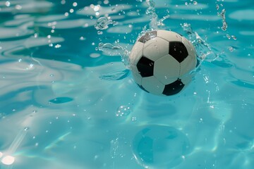 Fototapeta na wymiar soccer ball sinking in a clear blue pool with bubbles around