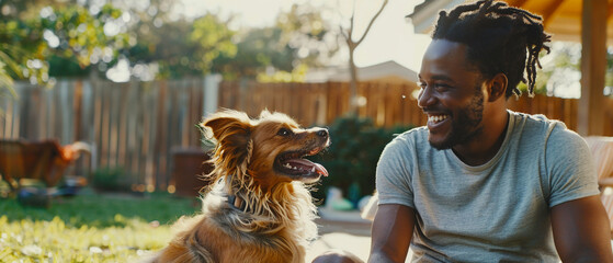 Diverse male pet sitter, 30s, cuddling with a dog, cozy home interior, warm, relaxed atmosphere,