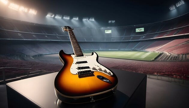 A stunning, photorealistic 32K HDR scene showcases a sleek electric guitar illuminated by cinematic lighting, reflecting its glossy surface in breathtaking detail within the Weserstadion.
