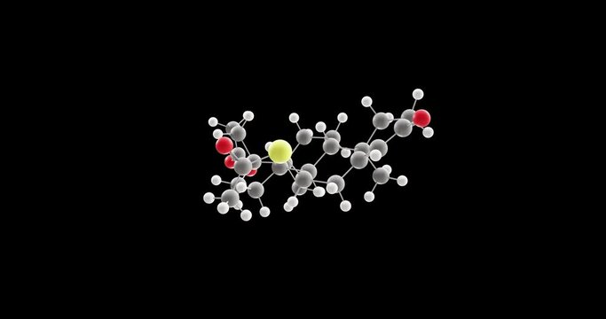 Spironolactone molecule, rotating 3D model of aldactone, looped video on a black background