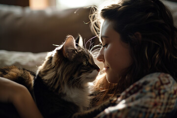 Female pet sitter, white, feeding a cat in a sleek kitchen, positive interaction