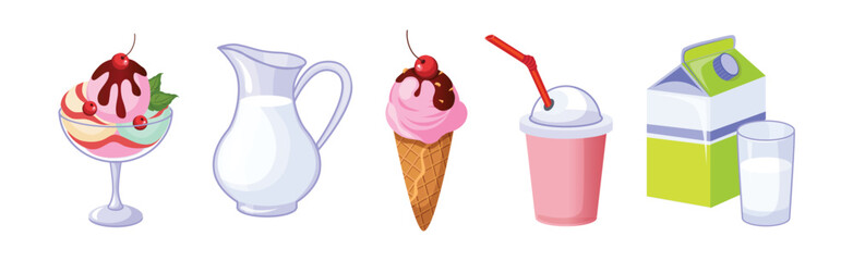 Dairy Product and Fresh Milk Produce Food Vector Set