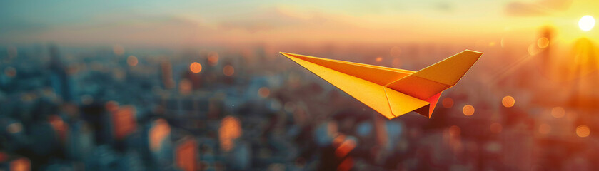 Innovative concept, yellow paper airplane above business landscape, symbolizing strategic success