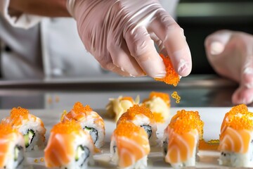 sushi chef garnishing rolls with roe