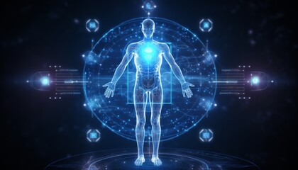 Obraz premium Anatomy human blue hologram concept background. Modern tech concept background.