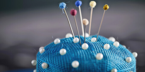 Vibrant Sewing Pincushion with Pins.  Close-up of a blue embroidered pincushion with pin on a simple background with copy space, banner template.
