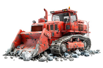 A 3D animated cartoon render of a red bulldozer demolishing a building.