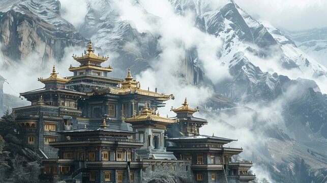 a stock image capturing the intricate details of a hindu temple against the rugged backdrop of mountainous landscape