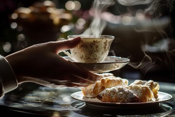 hand holding a teacup with steam visible, pastries on a plate beside