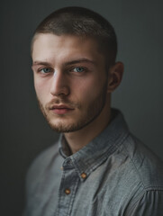 Fototapeta premium A portrait of a young, blue-eyed man gazing at the camera with an intense expression The neutral background accentuates his facial features