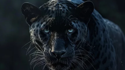Tuinposter a majestic black panther stands out in sharp relief in this closeup portrait set against a dark background highlighting its powerful presence © CinimaticWorks
