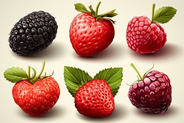 Colorful summer berries icons on white - blackberries, strawberries, raspberries collection