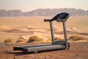 treadmill situated on a desert with distant sand dunes - obrazy, fototapety, plakaty