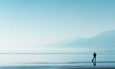 A lone fisherman with his fishing rod on the beach in a wide shot, minimalistic, with a soft blue sky and pastel colors