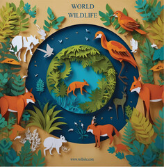 World Wildlife Day concept, different paper style animals around the earth, save animal concept