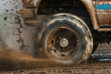 closeup of mudcovered truck wheel spinning