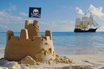 sandcastle with pirate flag, real ship visible on the horizon