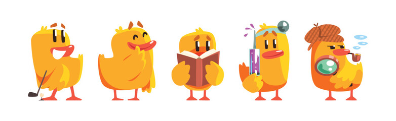 Funny Chick Character in Different Activity Vector Set