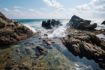 Obraz premium waves hitting rocks with a tide pool in the foreground