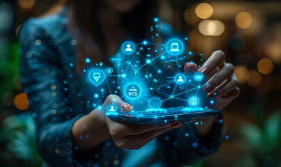 Businessperson Presenting Concept of RCS (Rich Communication Services) with Video, Voice, Text, and Location Sharing Icons for Enhanced Mobile Messaging Experience