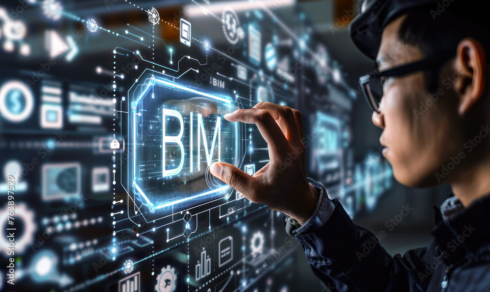 Poster business professional operating a building information modeling (bim) system with interactive digita