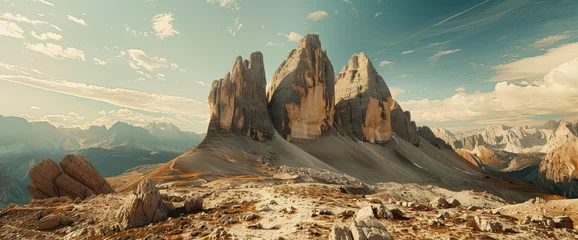 Tuinposter Photo of the Dolomites in Italy, panorama of three peaks with sharp mountain top rocks © Kien