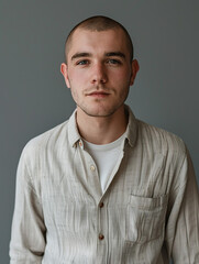 Fototapeta premium This portrait showcases a young adult man with a buzz cut and a piercing gaze, dressed in a neutral-colored shirt