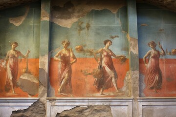A close-up of the ancient city of Pompeii's preserved frescoes in Italy.