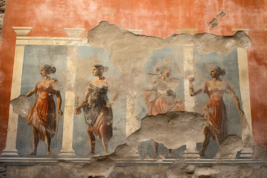 A close-up of the ancient city of Pompeii's preserved frescoes in Italy.