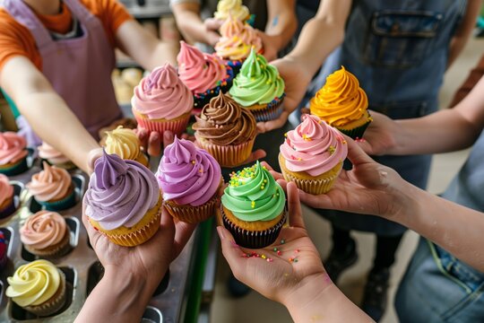 group photo in a bakery, colorful cupcakes in the hands of each baker
