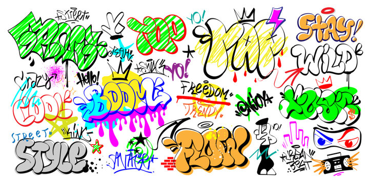 Graffiti street art lettering  words  and characters vector set, hip hop style design element 