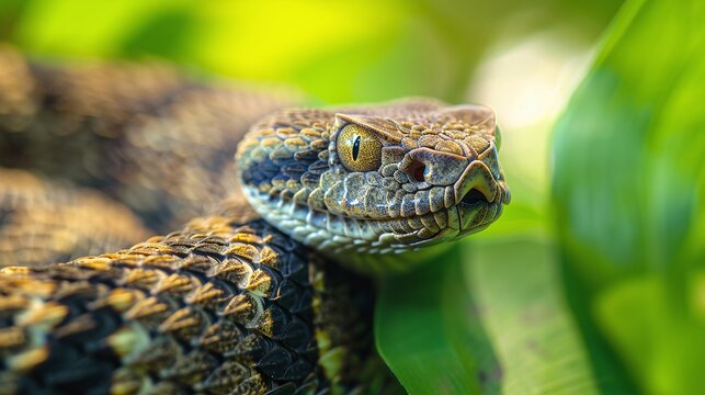 a rattlesnake's menacing presence is captured in this closeup image where it seamlessly blends with the green foliage background