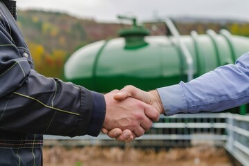 professional shaking hands in front of a newly installed biogas plant - obrazy, fototapety, plakaty