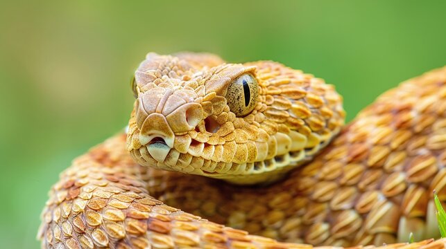 the intricate scales of a venomous rattlesnake stand out in a closeup image with a harmonious green background