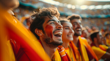 Young male soccer fan with beaming smile shows national pride at crowded sports stadium event. - obrazy, fototapety, plakaty
