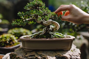 person gently turning bonsai to inspect it from all angles