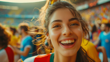 Exuberant young girl soccer fan with a beaming smile, wearing national colors with pride, crowded sports stadium event, cheering passionately.