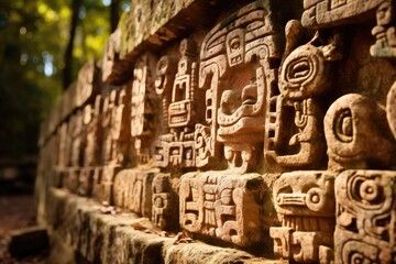 A close-up of the Mayan glyphs at Copan, Honduras. - obrazy, fototapety, plakaty