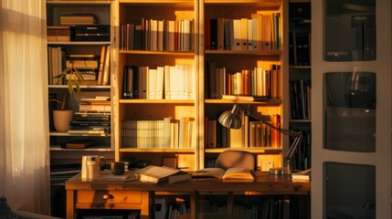 Cozy Home Office with Bookshelves and Warm Sunset Light