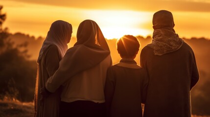 A family stands close together, silhouetted against a vibrant sunset, their profiles outlined by the warm glow of the setting sun.