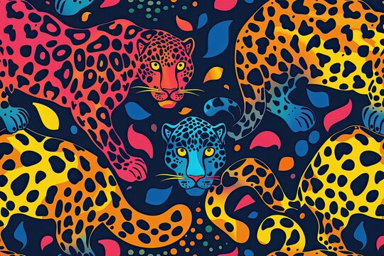 Groovy Seamless Patterns Set with Leopard, Daisy Flowers and Zebra . Psychedelic Abstract Vector Background