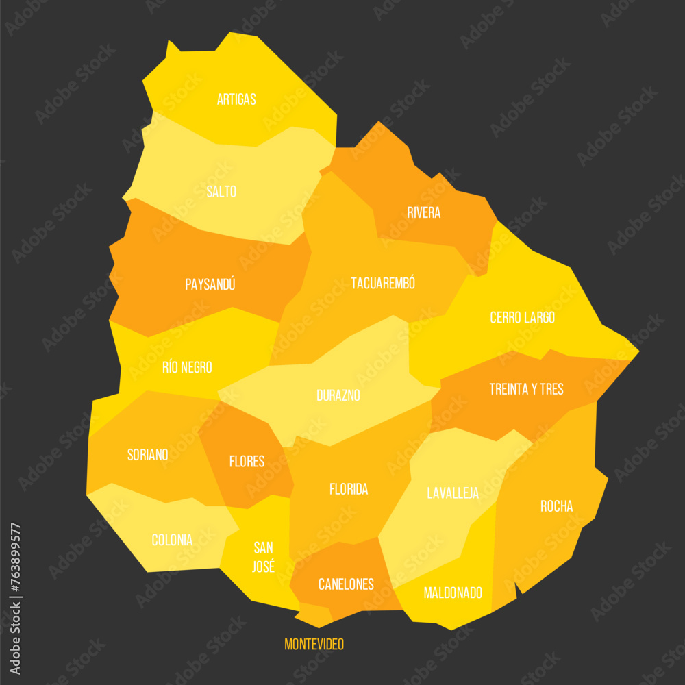 Wall mural uruguay political map of administrative divisions - departments. yellow shade flat vector map with n - Wall murals