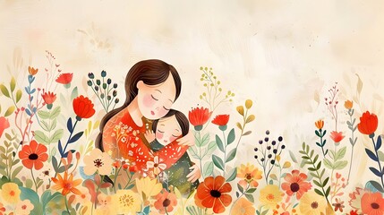 Timeless of motherhood moment between a mother and her child with surrounded by vibrant floral  and soft pastel colors