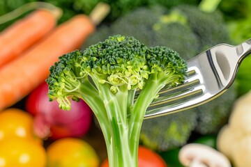 fork with broccoli against a backdrop of assorted vegetables