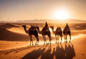 A caravan of camels led by a person in desert 