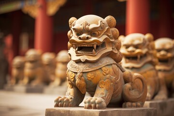 A detailed shot of the lion statues at the Forbidden City in Beijing, China.