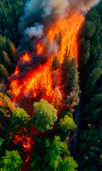 Naklejka na ściany i meble Aerial view of a forest fire, a dramatic image for environmental and climate change education and awareness.